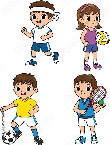 Cute Cartoon Kids Playing Sports: Running, Volley, Soccer, Tennis Fun for Children's Healthy Lifestyle and Active Games
