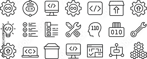 Software development and coding icon set, includes DevOps, tools, binary, deployment, bug fixing, programming, editable stroke vector symbols