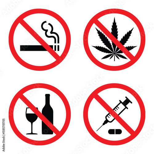 No Smoking, Drugs, Alcohol Warning Signs: Prohibition and Restriction Icons