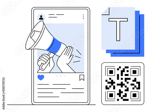 Megaphone, smartphone with post, stacked document file, QR code highlight marketing strategies. Ideal for digital marketing, social media, communication, advertising, content creation document