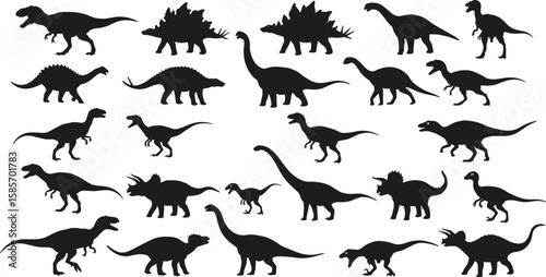 Collection of dinosaur silhouettes, prehistoric creature vector set, black dinosaur icons, Jurassic extinct animals bundle, wild reptiles illustration pack