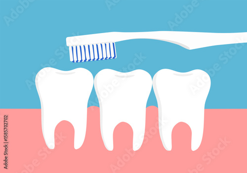 Cute dental hygiene set with cartoon teeth characters in healthy gums smiling, holding a toothbrush and toothpaste. Cute kids dentist office cartoons. Teeth brushing and flossing. Vector illustration