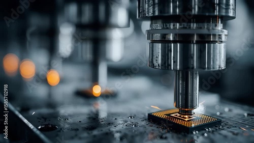 Macro view of semiconductor fabrication with advanced precision machinery and microchips. High-tech atmosphere symbolizing electronics manufacturing, innovation, and microtechnology processes.

