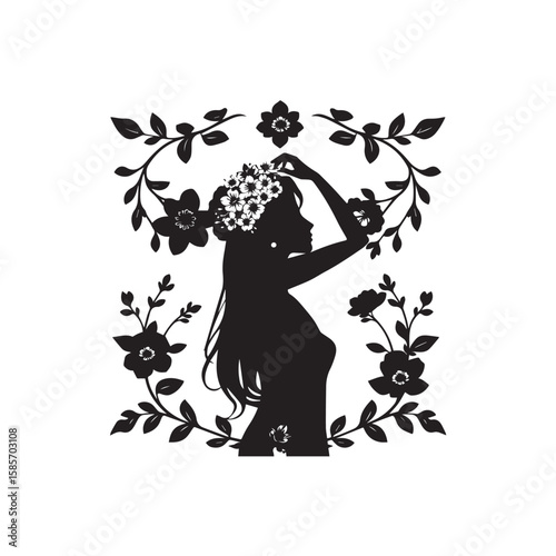 A silhouette of a woman with flowers in her hair surrounded by floral elements isolated on white background