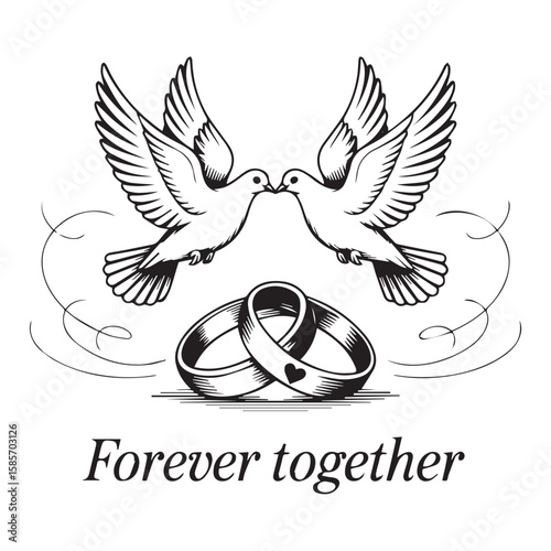 Two white doves in flight kissing above intertwined wedding rings with a heart symbol and the words forever together