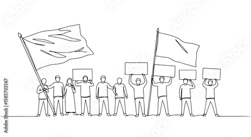 Group of people holding banners and flags for peace day concept  