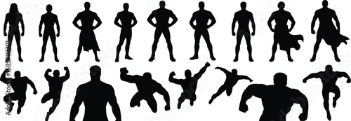 Superhero silhouette collection, vector strong man poses, action hero shadow, muscular figure illustration, flying superhero, heroic pose design