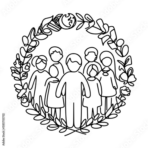 Group of diverse people holding hands in a floral wreath design - Concept of single line outline vector peace day  