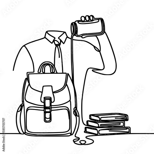 Single line outline vector of a student pouring drink into backpack  