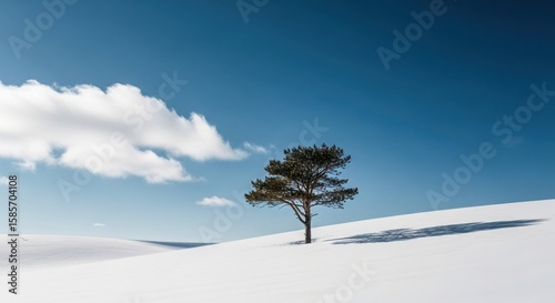 Lone pine tree stands tall on a vast snow covered hill under a clear blue sky