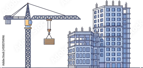 Tower crane lifting building materials at a construction site with unfinished skyscrapers