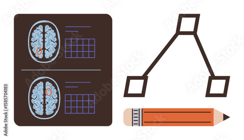 Brain MRI scans, a logical flow diagram, and a pencil symbolize cognitive analysis, problem solving, creativity, mental health, neuroscience research, education and critical thinking. A simple flat