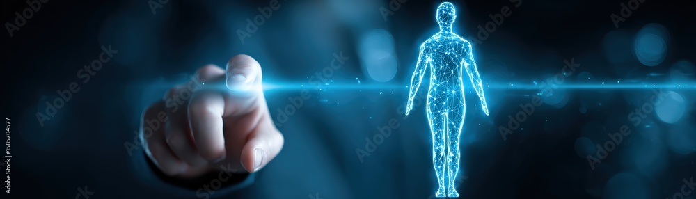 A hand interacts with a glowing digital human figure, symbolizing technology, data, and futuristic human-computer interaction. A hand interacts with a glowing digital human figure, symbolizing technology, data, and futuristic human-computer interaction.