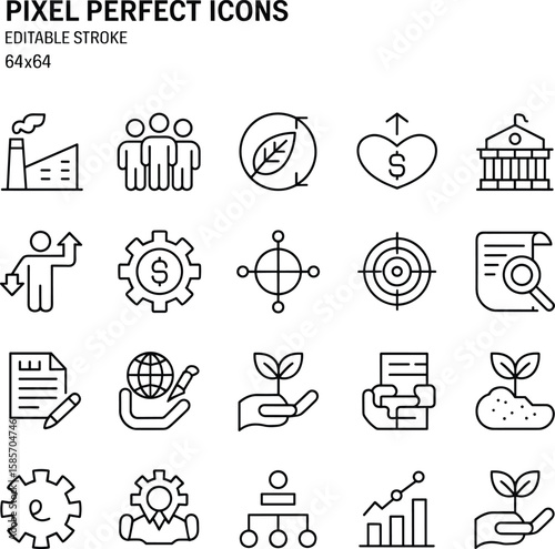 Sustainable business icons set including eco growth, corporate strategy, money, research, people, editable stroke, perfect for environmental reporting design