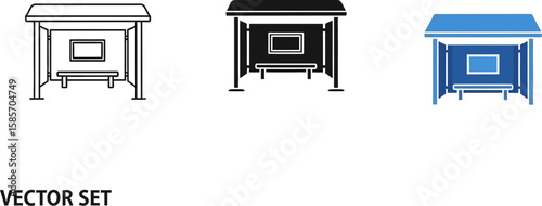 Set of three bus stop shelter icons in line art solid black and blue colors