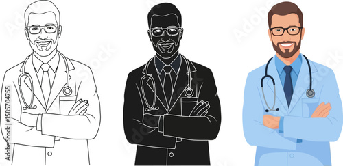 Smiling doctor wearing glasses and lab coat with stethoscope and folded arms