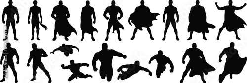 Superhero silhouettes vector set, flying action pose, muscular man figure, cape hero clipart, comic style, shadow characters collection