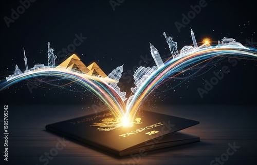 A luminous passport with beams of light reaching famous tourist spots worldwide — digital art celebrating World Tourism Day and travel dreams