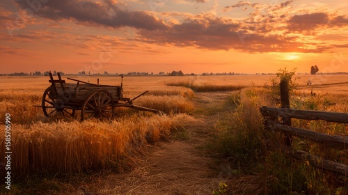 Golden barley field during late summer harvest wooden cart plow resting by fence orange sky in background natural countryside scene captured from ground level cinematic angle