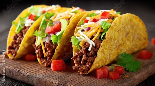Three crunchy tacos filled with seasoned ground beef, shredded cheese, lettuce, and diced tomatoes on a wooden board.