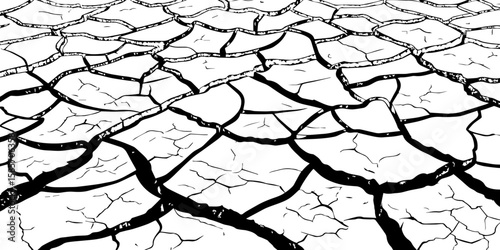 A stark, high-contrast, black and white close-up of severely cracked earth, showing a network of deep fissures and irregular polygons. The texture emphasizes the dryness and desolation of the ground.