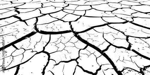 A stark, high-contrast, black and white close-up of severely cracked earth, showing a network of deep fissures and irregular polygons. The texture emphasizes the dryness and desolation of the ground.