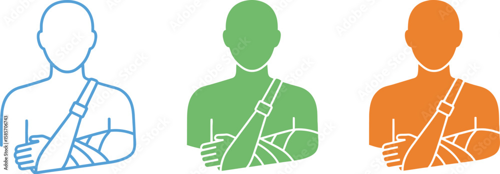 Three stylized figures with broken arms in slings blue green and orange