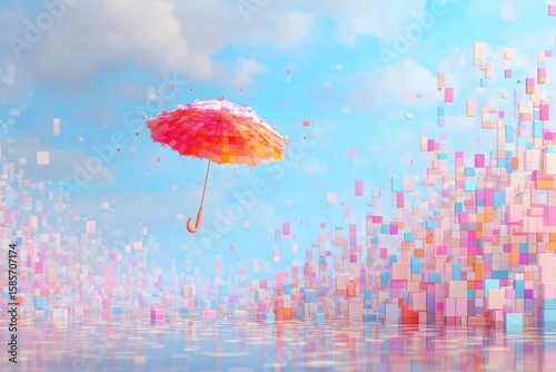Abstract Pixelated Landscape with a Pink Umbrella