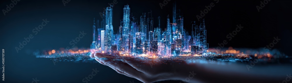 A futuristic digital cityscape hologram floats above an outstretched hand, glowing with blue and orange lights against a dark background. A futuristic digital cityscape hologram floats above an outstretched hand, glowing with blue and orange lights against a dark background.