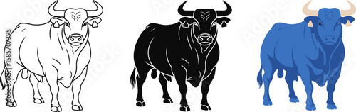 Three distinct illustrations of a powerful bull in outline silhouette and blue color