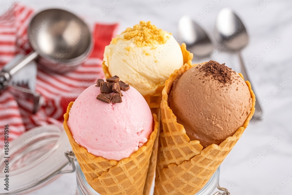 Three waffle cone ice creams in a rustic setting, featuring strawberry, vanilla, and chocolate flavors. Topped with chocolate chunks and cookie crumbs Three waffle cone ice creams in a rustic setting, featuring strawberry, vanilla, and chocolate flavors. Topped with chocolate chunks and cookie crumbs