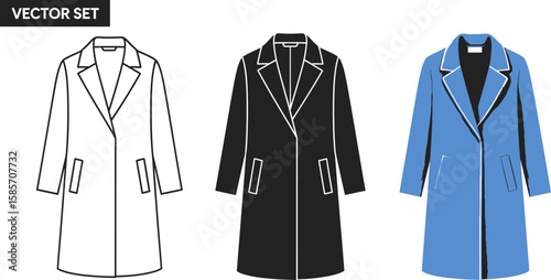 Vector set of a stylish blue coat and its outline and silhouette versions