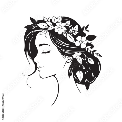 Elegant woman with floral crown isolated on white background, a portrait of serene beauty