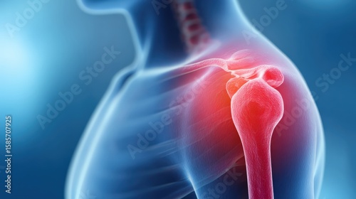 A detailed digital illustration showing inflammation in the human shoulder joint highlighted in red against a blue anatomical background.
