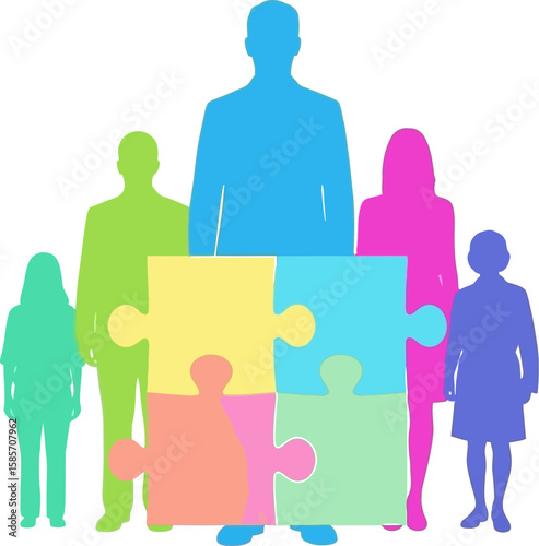 Diverse family silhouettes connected by colorful puzzle pieces symbolizing unity and belonging