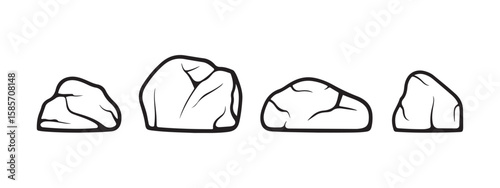 Four smooth rounded stones with black outlines and abstract internal patterns on white background