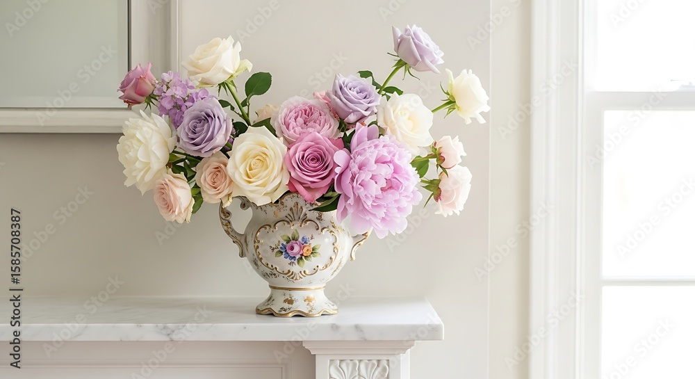 Obraz premium A vibrant display of colorful flowers in a decorative vase, placed elegantly on a marble surface