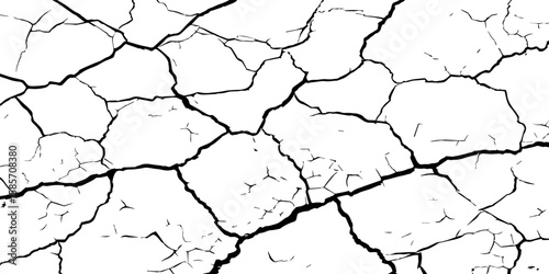 "A high-contrast, black and white close-up of a cracked surface, resembling dry earth or old paint, with irregular polygonal segments and fine lines spreading across the frame."