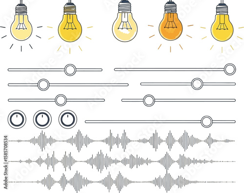 Conceptual illustration of adjusting sound and light with sliders and light bulbs