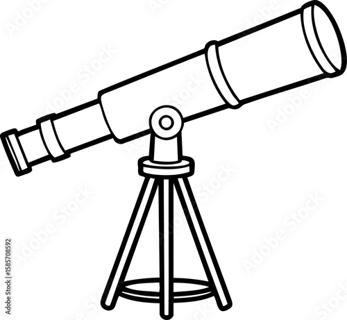 Telescope on tripod for stargazing and astronomy observation with adjustable lens and simple design in black outline style