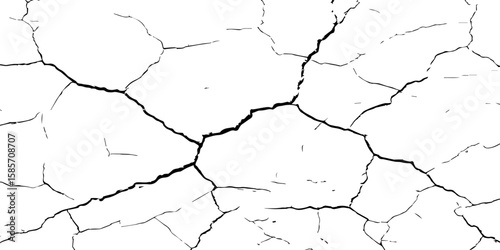"A high-contrast, black and white close-up of a cracked surface, resembling dry earth or old paint, with irregular polygonal segments and fine lines spreading across the frame."