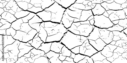 "A high-contrast, black and white close-up of a cracked surface, resembling dry earth or old paint, with irregular polygonal segments and fine lines spreading across the frame."