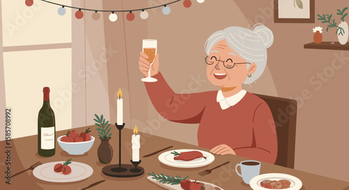  Smiling Grandma Raising Glass in Festive Holiday Toast, Vector Style