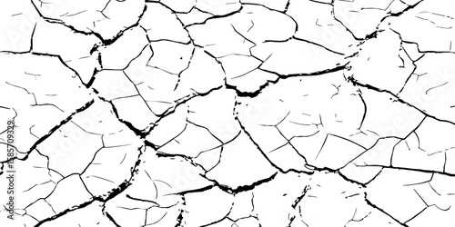 "A high-contrast, black and white close-up of a cracked surface, resembling dry earth or old paint, with irregular polygonal segments and fine lines spreading across the frame."