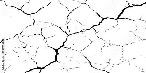 "A high-contrast, black and white close-up of a cracked surface, resembling dry earth or old paint, with irregular polygonal segments and fine lines spreading across the frame."