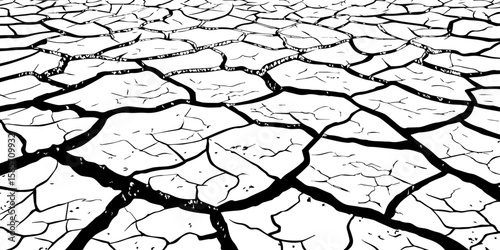 "A stark, black and white, high-contrast image showing a wide expanse of deeply cracked earth, stretching towards a distant horizon, emphasizing the textures and patterns of drought and desiccation."