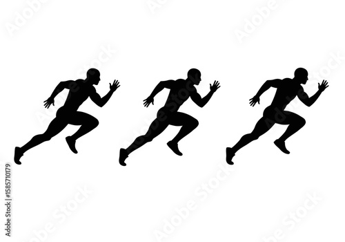 Three dynamic silhouettes of runners in motion, capturing the energy and speed of a race, ideal for sports-themed designs and athletic branding.