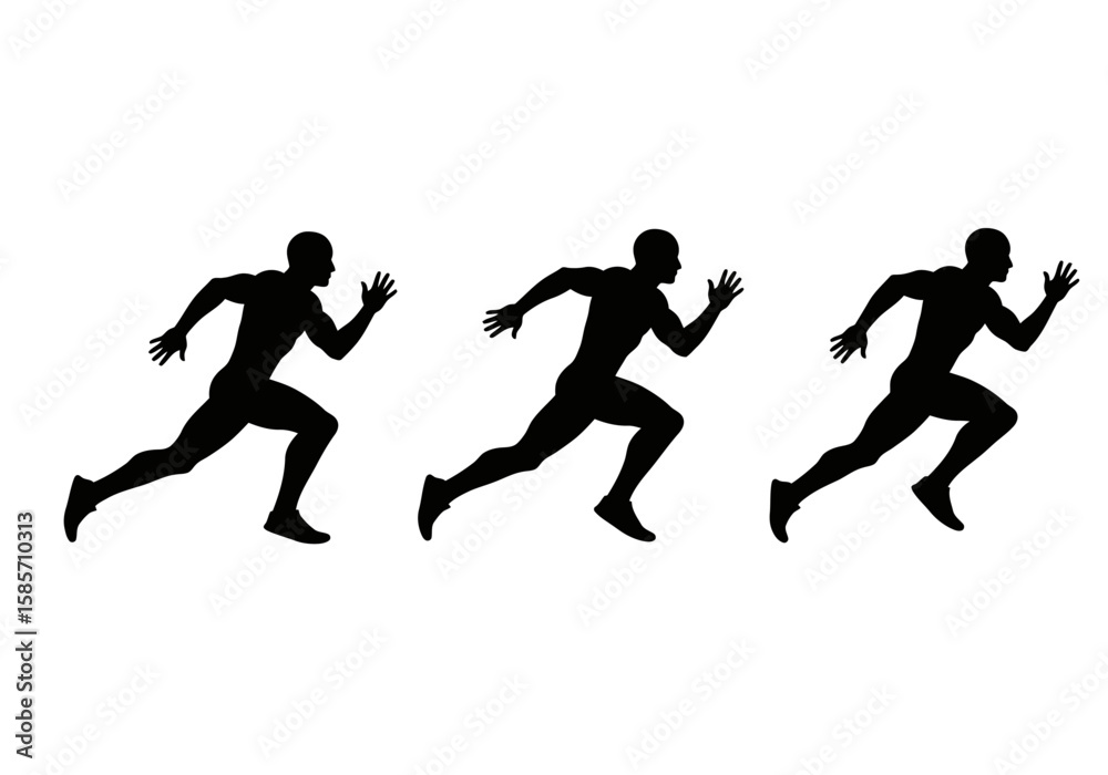 Fototapeta premium Three silhouetted male athletes in full stride, captured in motion against a clean white background, representing speed and competition.
