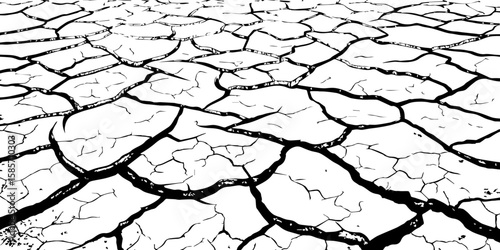  A stark, high-contrast, black and white close-up of parched, cracked earth, illustrating severe drought and environmental degradation. The cracks extend towards a vanishing point