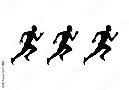Three black silhouettes of a running man are displayed against a clean white backdrop, symbolizing speed, competition, and athletic achievement.